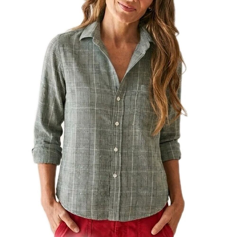 Frank & Eileen Barry Shirt XS Green White Glen Plaid Cotton Tencel Italy Soft